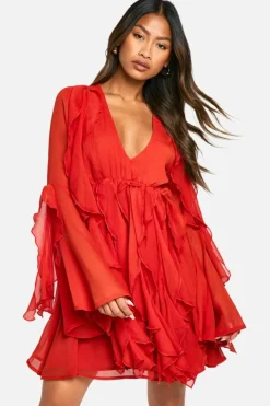 Smock Dresses*boohoo Ruffle Flare Sleeve Mini Dress russet