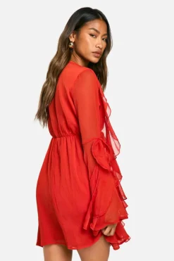 Smock Dresses*boohoo Ruffle Flare Sleeve Mini Dress russet
