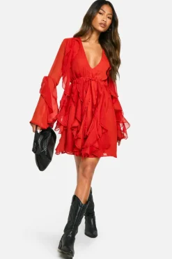 Smock Dresses*boohoo Ruffle Flare Sleeve Mini Dress russet