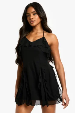 Mini Dresses*boohoo Ruffle Halter Neck Fit and Flare Mini Dress black