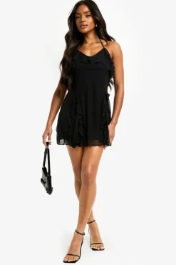 Mini Dresses*boohoo Ruffle Halter Neck Fit and Flare Mini Dress black