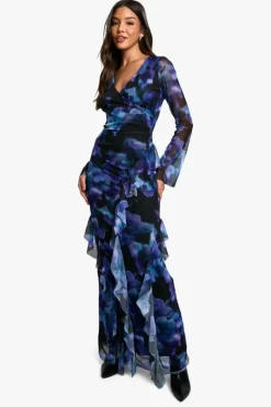 Wrap Dresses|Maxi Dresses*boohoo Ruffle Printed Mesh Wrap Maxi Dress black