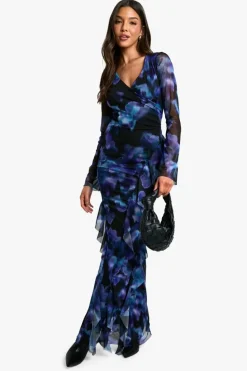 Wrap Dresses|Maxi Dresses*boohoo Ruffle Printed Mesh Wrap Maxi Dress black