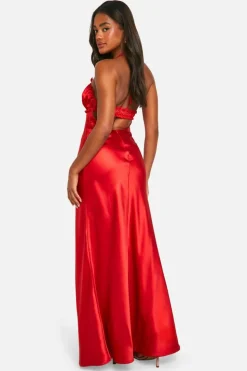 Cami Dresses*boohoo Ruffle Satin Maxi Slip Dress red