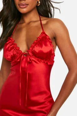 Cami Dresses*boohoo Ruffle Satin Maxi Slip Dress red