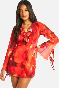 Smock Dresses*boohoo Ruffle Tie Flare Sleeve Mini Dress red