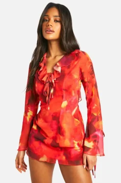 Smock Dresses*boohoo Ruffle Tie Flare Sleeve Mini Dress red