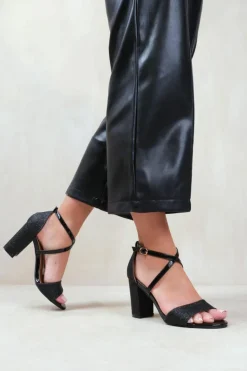 Sandals*Where's That From Ruth' Extra Wide Fit High Block Heel Sandals With Cross Over Ankle Strap Black