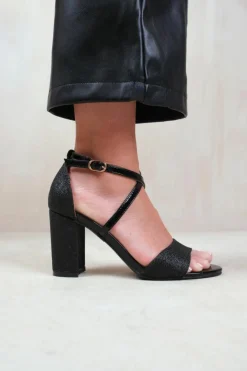 Sandals*Where's That From Ruth' Extra Wide Fit High Block Heel Sandals With Cross Over Ankle Strap Black