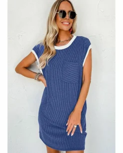 Shirt Dresses|T-Shirt Dresses*Azura Exchange Sail Blue Rib Textured Cap Sleeve T-Shirt Dress Multi