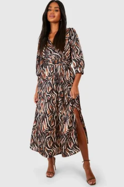 Shirt Dresses|Wrap Dresses*boohoo Satin Animal Print Wrap Front Shirt Dress black