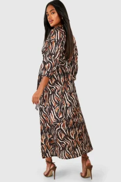 Shirt Dresses|Wrap Dresses*boohoo Satin Animal Print Wrap Front Shirt Dress black