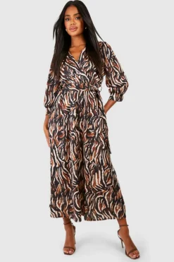 Shirt Dresses|Wrap Dresses*boohoo Satin Animal Print Wrap Front Shirt Dress black