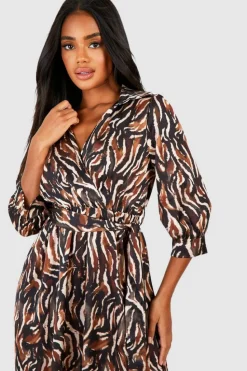 Shirt Dresses|Wrap Dresses*boohoo Satin Animal Print Wrap Front Shirt Dress black