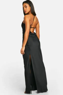 Cami Dresses*boohoo Satin Asymmetric Strap Maxi Dress black