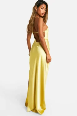 Cami Dresses*boohoo Satin Asymmetric Strap Maxi Dress lemon