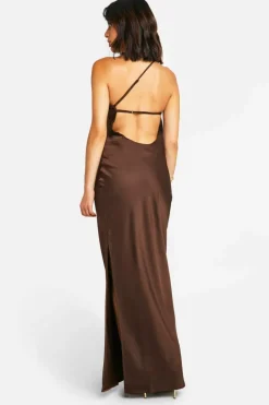 Cami Dresses|Maxi Dresses*boohoo Satin Asymmetric Strap Maxi Dress chocolate
