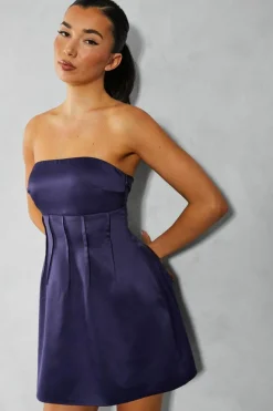A Line Dresses*MissPap Satin Bandeau Pintuck Detail A-line Mini Dress navy