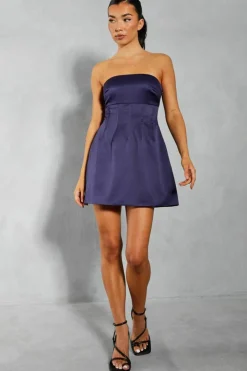 A Line Dresses*MissPap Satin Bandeau Pintuck Detail A-line Mini Dress navy