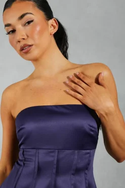 A Line Dresses*MissPap Satin Bandeau Pintuck Detail A-line Mini Dress navy