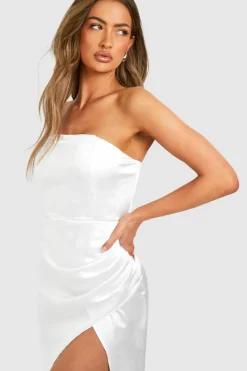 Wrap Dresses*boohoo Satin Bandeau Wrap Midaxi Dress white