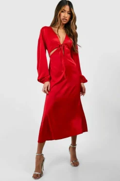Cami Dresses*boohoo Satin Batwing Cut Out Slip Midaxi Dress cherry