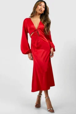 Cami Dresses*boohoo Satin Batwing Cut Out Slip Midaxi Dress cherry