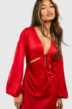 Cami Dresses*boohoo Satin Batwing Cut Out Slip Midaxi Dress cherry