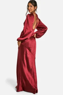 Maxi Dresses*boohoo Satin Blouson Sleeve Maxi Dress cherry