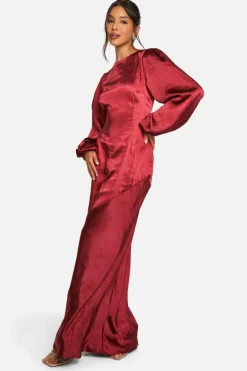 Maxi Dresses*boohoo Satin Blouson Sleeve Maxi Dress cherry