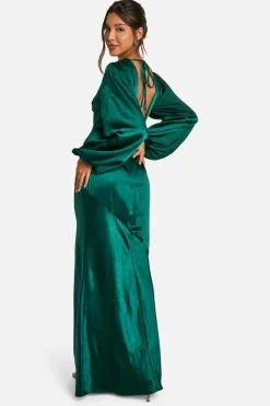 Maxi Dresses*boohoo Satin Blouson Sleeve Maxi Dress emerald