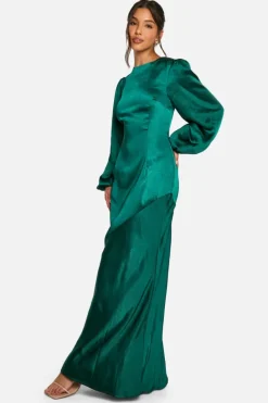 Maxi Dresses*boohoo Satin Blouson Sleeve Maxi Dress emerald