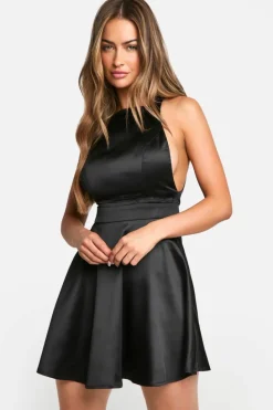Skater Dresses*boohoo Satin Bow Back Halterneck Mini Dress black
