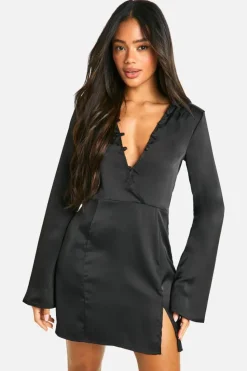 Skater Dresses*boohoo Satin Button Detail Mini Dress black