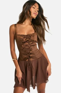 Skater Dresses*boohoo Satin Chiffon Mix Corset Mini Dress chocolate