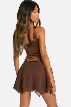 Skater Dresses*boohoo Satin Chiffon Mix Corset Mini Dress chocolate