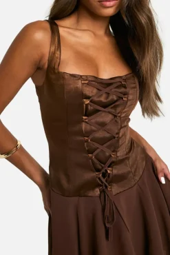 Skater Dresses*boohoo Satin Chiffon Mix Corset Mini Dress chocolate