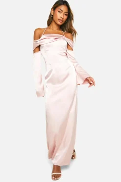 Cami Dresses*boohoo Satin Cold Shoulder Maxi Dres blush
