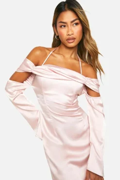 Cami Dresses*boohoo Satin Cold Shoulder Maxi Dres blush