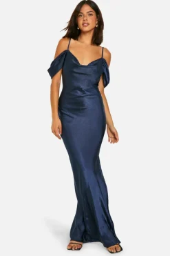 Maxi Dresses*boohoo Satin Cold Shoulder Maxi Dress navy