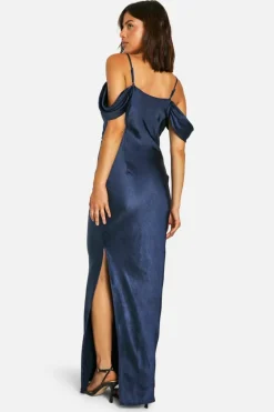 Maxi Dresses*boohoo Satin Cold Shoulder Maxi Dress navy