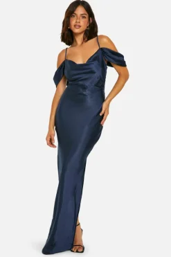 Maxi Dresses*boohoo Satin Cold Shoulder Maxi Dress navy