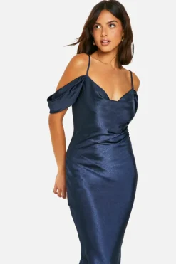 Maxi Dresses*boohoo Satin Cold Shoulder Maxi Dress navy