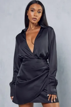 Wrap Dresses*MissPap Satin Collared Wrap Mini Dress black