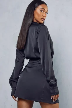 Wrap Dresses*MissPap Satin Collared Wrap Mini Dress black
