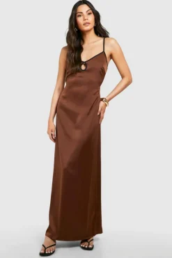 Cami Dresses*boohoo Satin Contrast Binding Maxi Dress chocolate