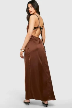 Cami Dresses*boohoo Satin Contrast Binding Maxi Dress chocolate