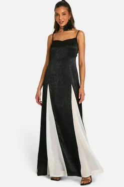Maxi Dresses*boohoo Satin Contrast Godet Maxi Dress black