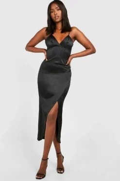 Wrap Dresses*boohoo Satin Corset Wrap Midaxi Dress black