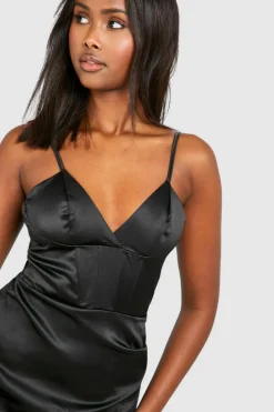 Wrap Dresses*boohoo Satin Corset Wrap Midaxi Dress black